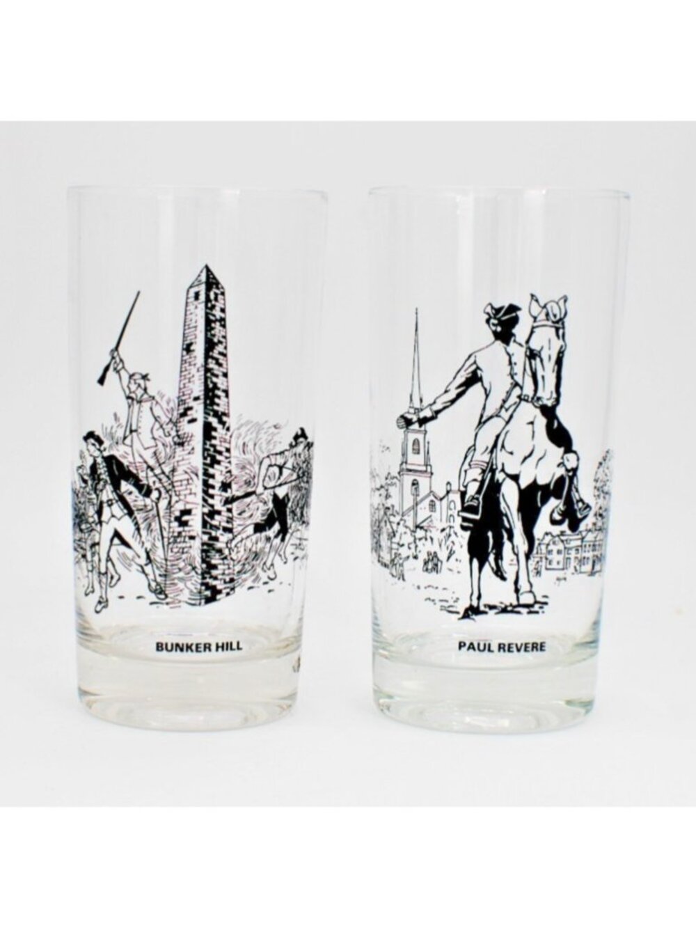 Revolutionary War Black Line Sketch Glass Tumblers Americana Set Of  2